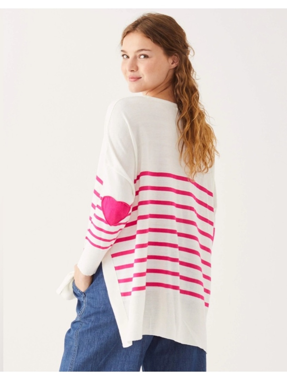 Mersea | Amour Striped Pink & White Heart Elbow Patch Sweater One Size